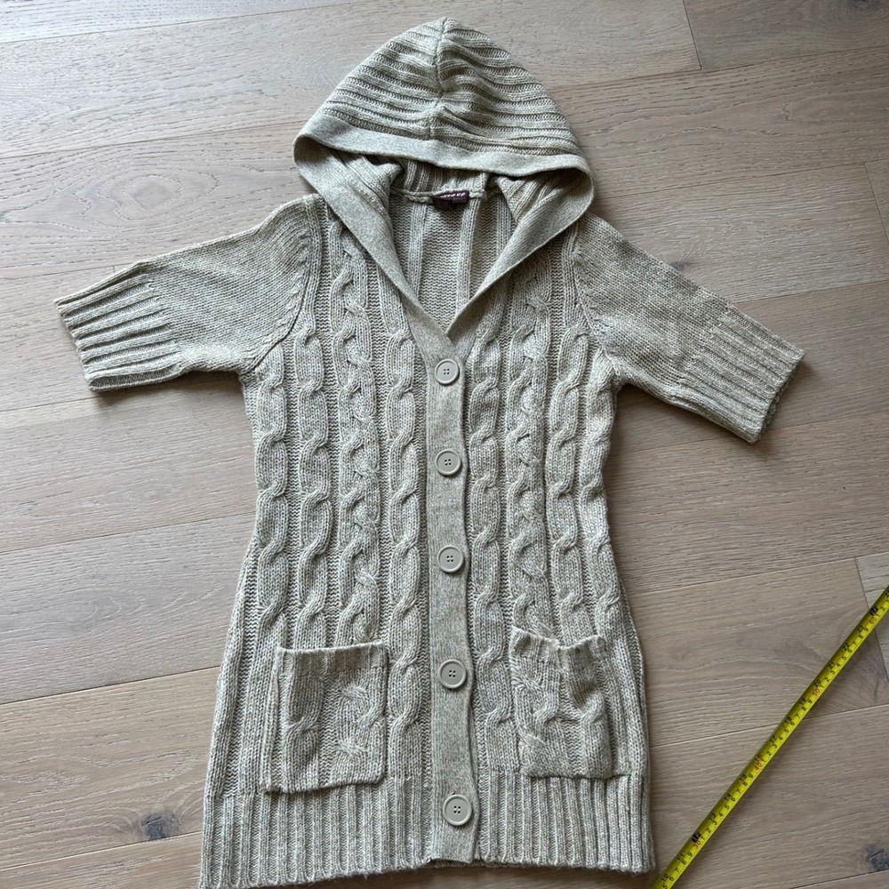 Hooked Up by IOT Womens Oatmeal Beige Cable Knit Short Sleeve Hooded Cardigan L